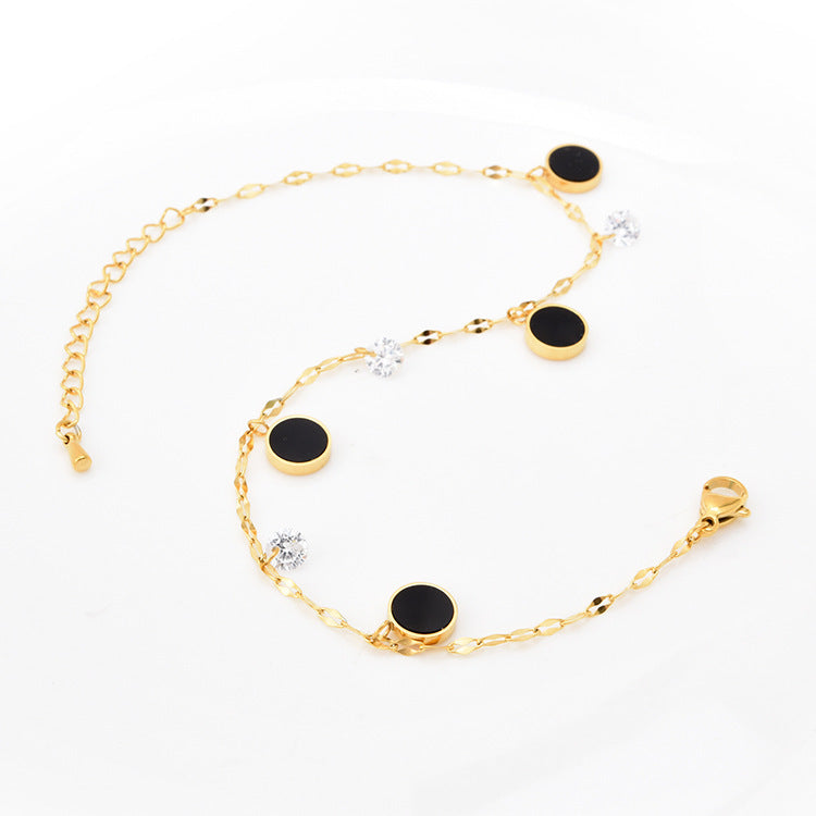 Chaîne Vague d'Eau Zircon Cheville Petit Pendentif Rond Noir Cheville Fille Or