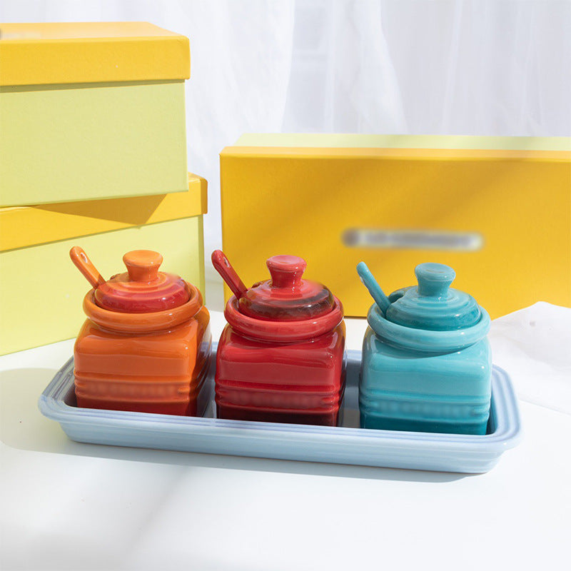 Kitchen Supplies Ceramic Seasoning Jar With Spoon Gift Box Condiment Bottle