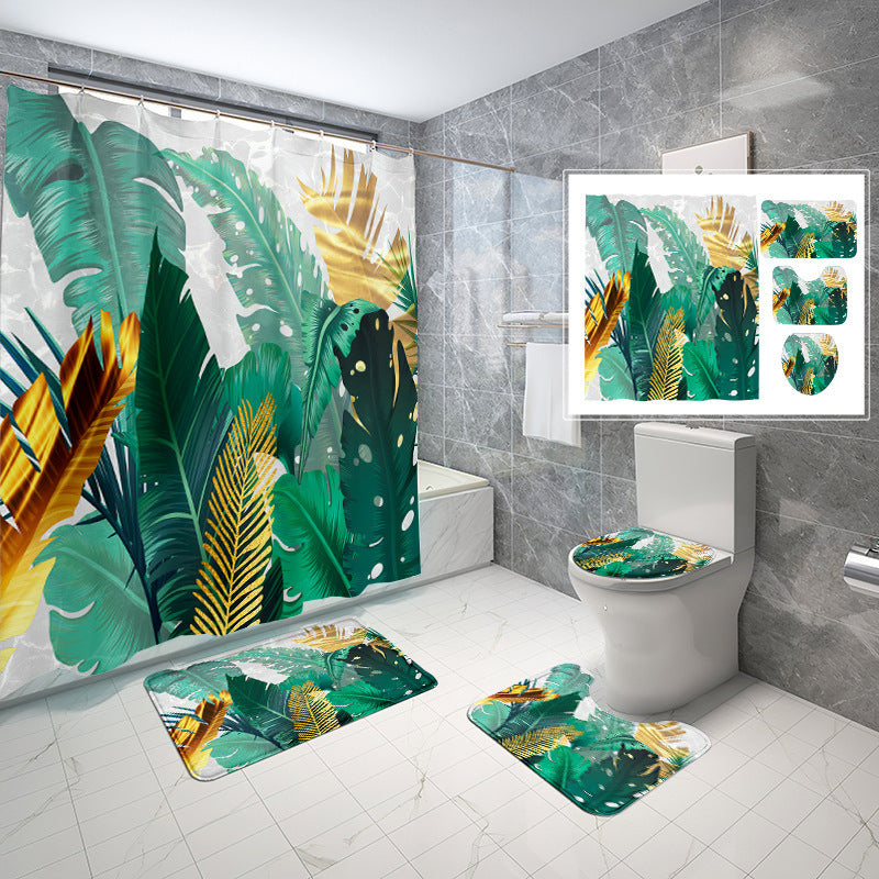 Natural Wind Leaves Printing Toilet Waterproof Shower Curtain Non-slip Floor Mat