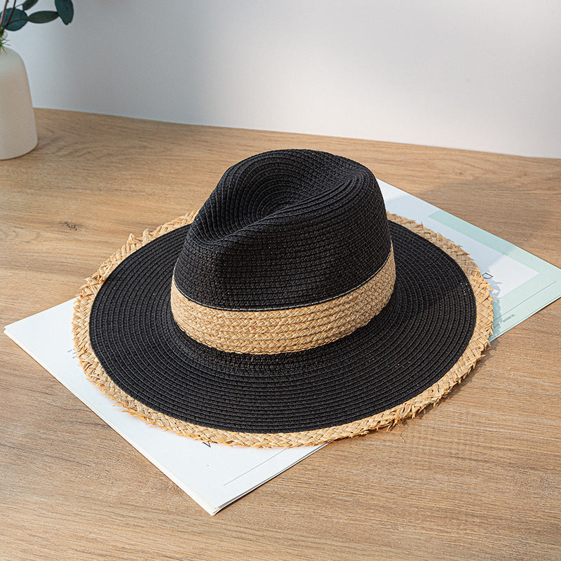 Women's Retro Color Matching Raw Edge Sun Protection Straw Hat