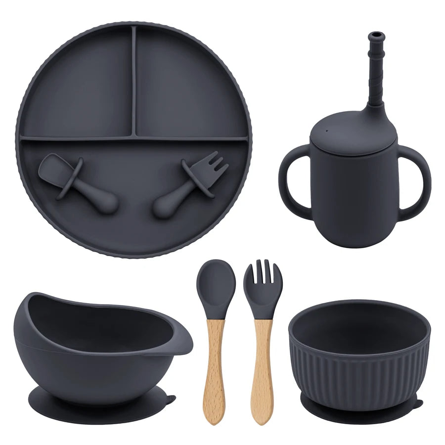 Baby Silicone Cookware Feeding Plate Bowl Set Non-Slip Suction Food Dishes Drinking Cup BPA Free Fork Spoon Children's Tableware