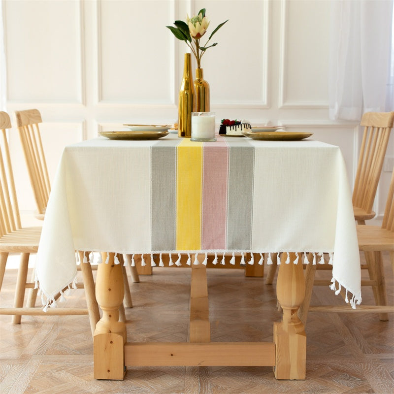Nappe chinoise en coton et lin à rayures et pompons, pour la maison
