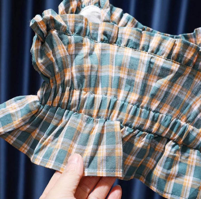 Girls' Short Summer Plaid Suspender Top Mid Skirt Suit For Women