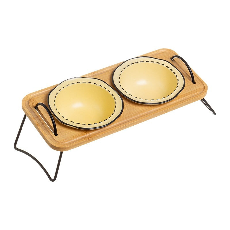 Étagère en bois pour animaux de compagnie Gamelle en céramique multifonctionnelle pour chat Anti-basculement Alimentation en eau Bouche oblique Facile à nettoyer
