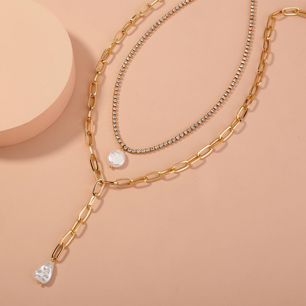 European and American cross-border jewelry, imitation baroque pearl long pendant, multi-layer necklace, rhinestone claw chain, fashion all-match necklace