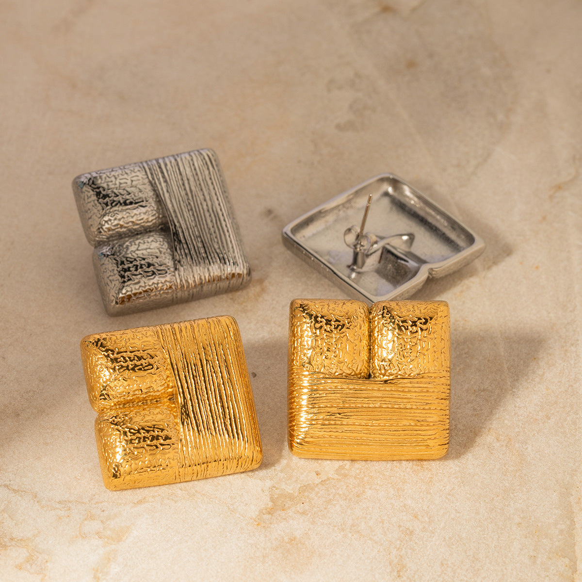 Trend 18K Gold Stainless Steel Square Texture Earrings