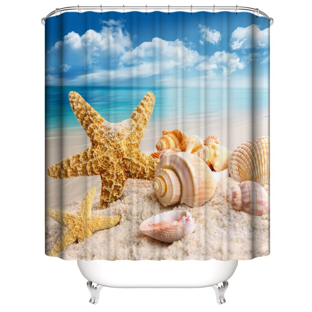 Beach Shell Printed Shower Curtain Carpet Bathroom Mat Four Piece Set