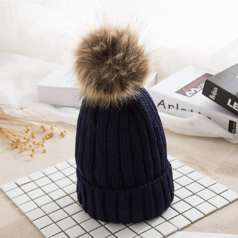 Thick Knit Hat Imitating Raccoon Fur Ball Warm Cap