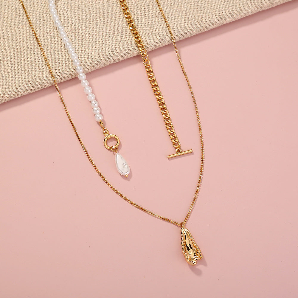 European and American foreign trade ins necklace OT buckle baroque pearl necklace splicing chain retro fashion clavicle chain female