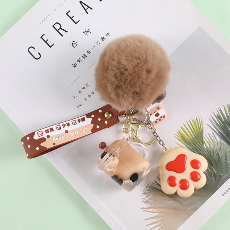 Crystal Milk Tea Cup Leather Rope Key Chain Ring Cartoon Hair Ball