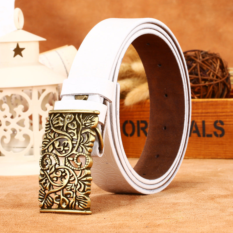 Ladies Leather Engraved With Hollow Buckle Printed Cowhide Belt