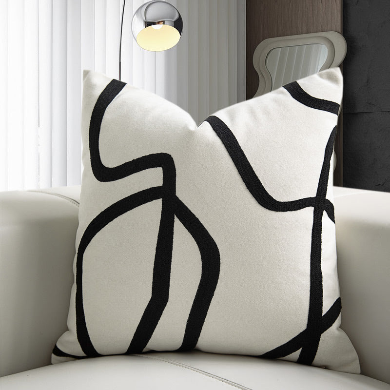 Suede Black And White Towel Embroidered Abstract Line Sofa Waist Pillowcase