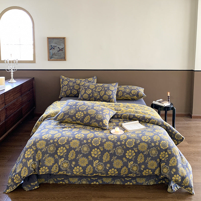 Pastoral Floral Yarn-dyed Cotton Double-layer Gauze Four-piece Set