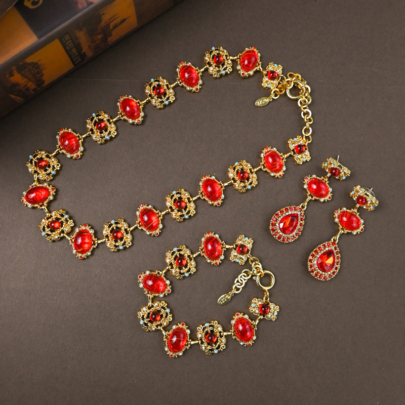 Glass Hollow Jeweled Necklace Bracelet Earring Set