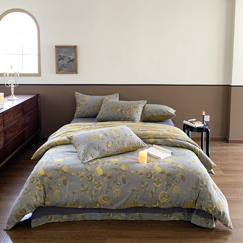 Pastoral Floral Yarn-dyed Cotton Double-layer Gauze Four-piece Set