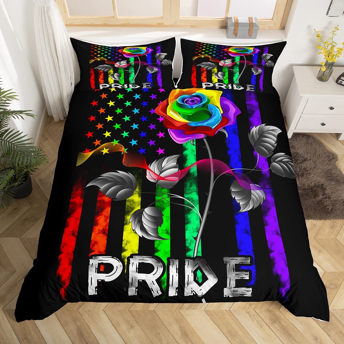 Rainbow Striped Print Down Quilt Cover Three-piece Set