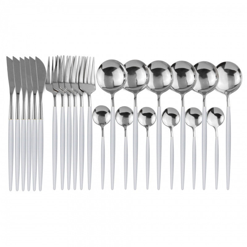 24PCs White Gold Dinnerware Set Stainless Steel Knife Fork