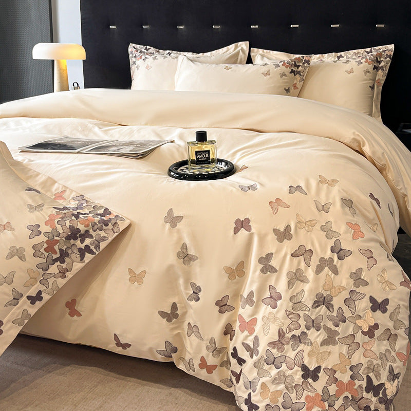 Bed Cotton Flower Embroidered Quilt Fitted Sheet Set