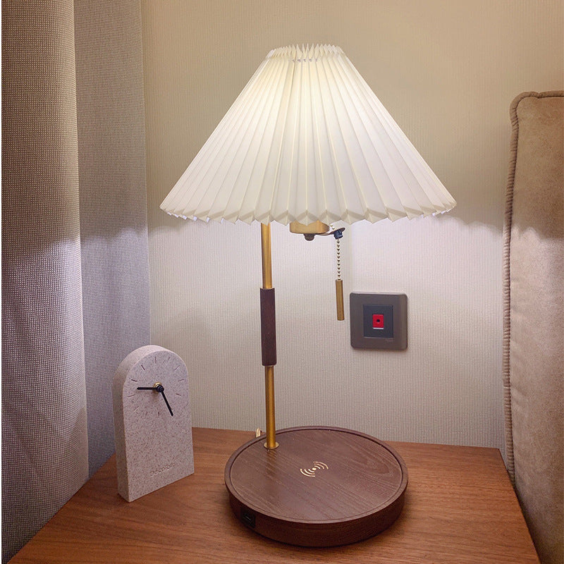 Nordic Ins Log Wireless Charging Lamp Simple And Light Luxury Vintage Pleated Solid Wood Bedside Decorations