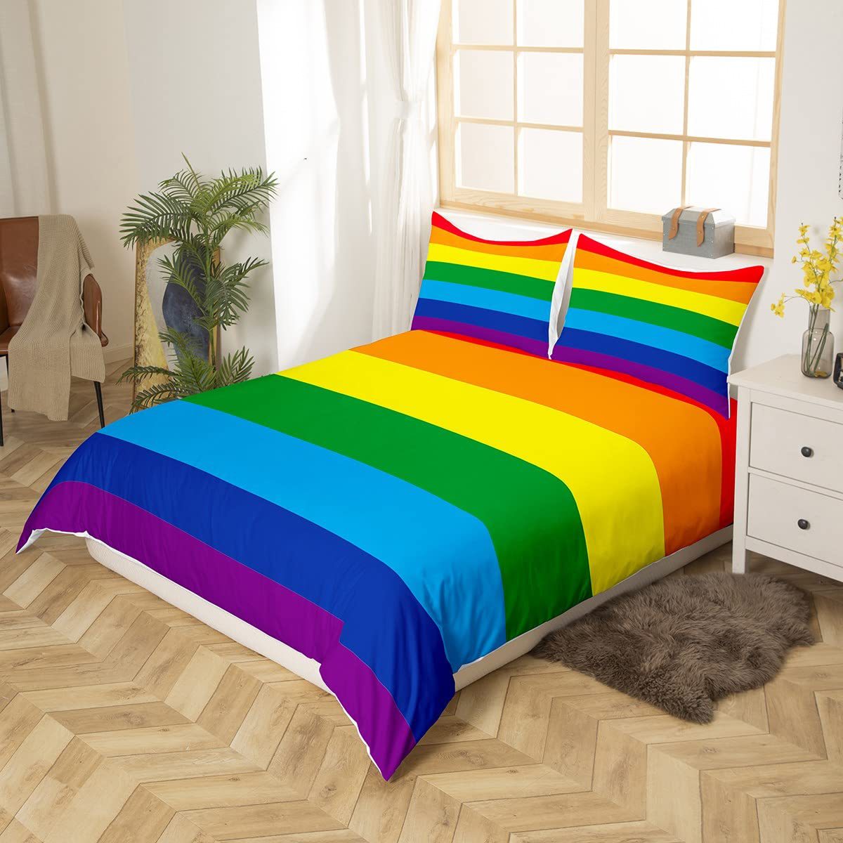 Rainbow Striped Print Down Quilt Cover Three-piece Set