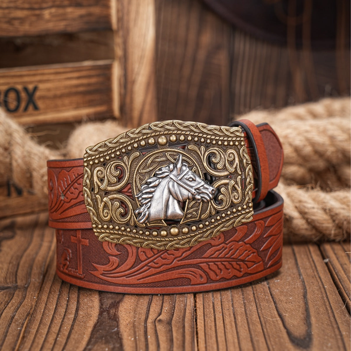Carved Retro Western Denim Personality Belt Men