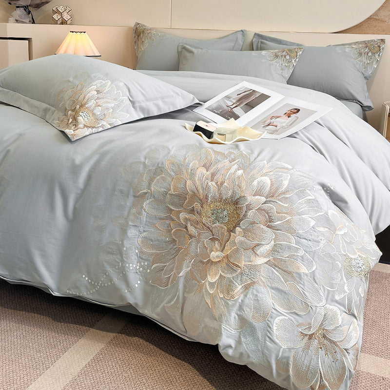 Bed Cotton Flower Embroidered Quilt Fitted Sheet Set