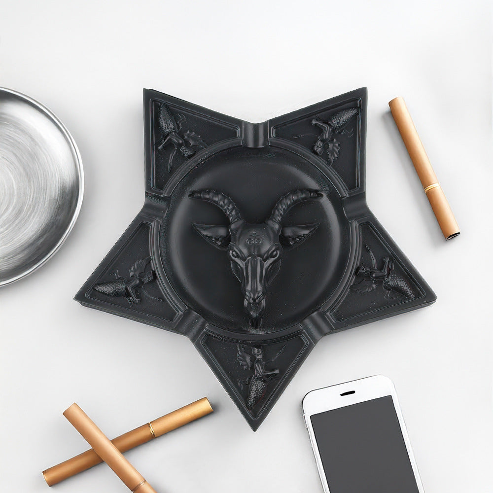 Gothic Pentagram Black Goat Head Demon Ashtray
