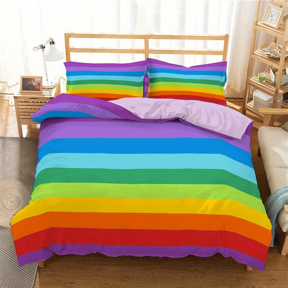 Rainbow Striped Print Down Quilt Cover Three-piece Set