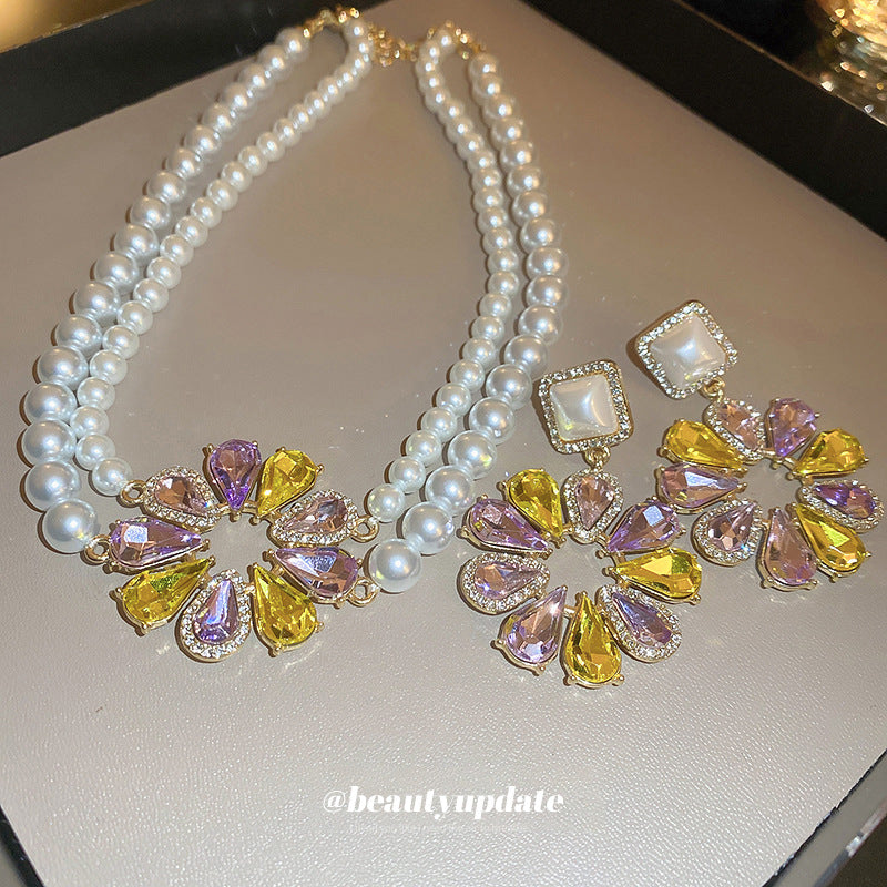 Silver Stud Rhinestone-encrusted Water Drop Flower Pearl Earrings And Necklace Set