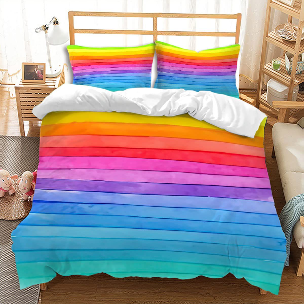 Rainbow Striped Print Down Quilt Cover Three-piece Set