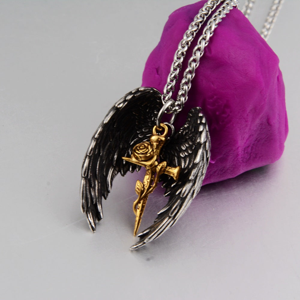 Titanium Steel Vintage Wings Two-piece Pendant Necklace