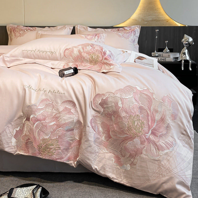 Bed Cotton Flower Embroidered Quilt Fitted Sheet Set