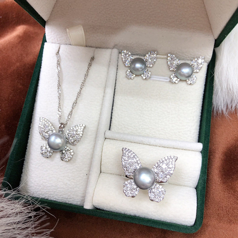 New Freshwater Pearl Necklace Earring Ring Three-piece Set