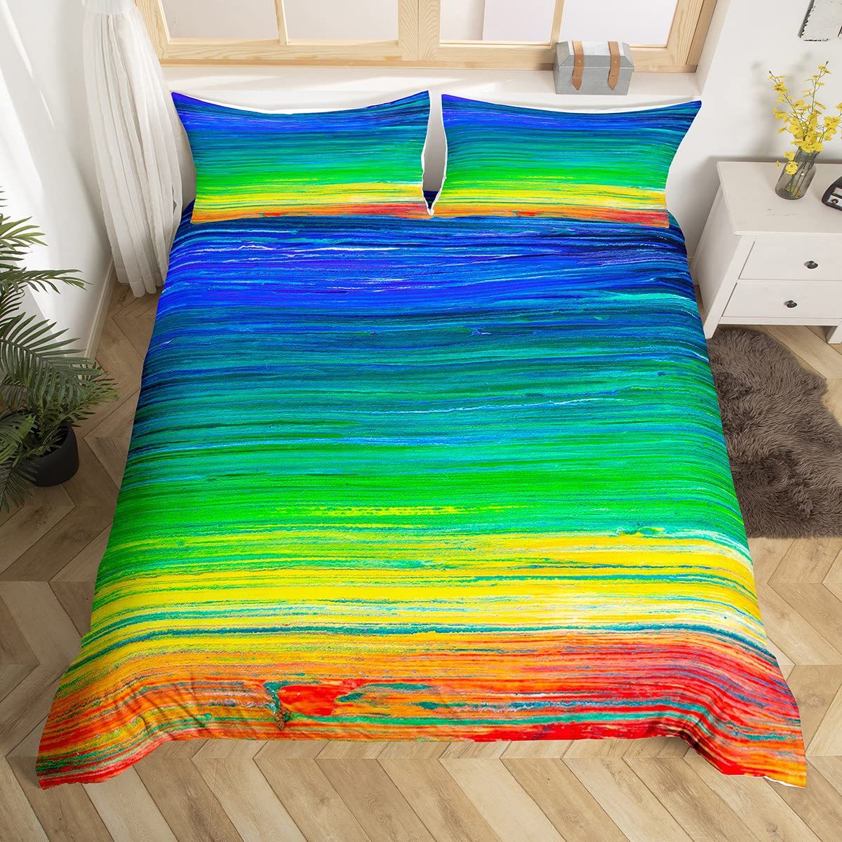 Rainbow Striped Print Down Quilt Cover Three-piece Set