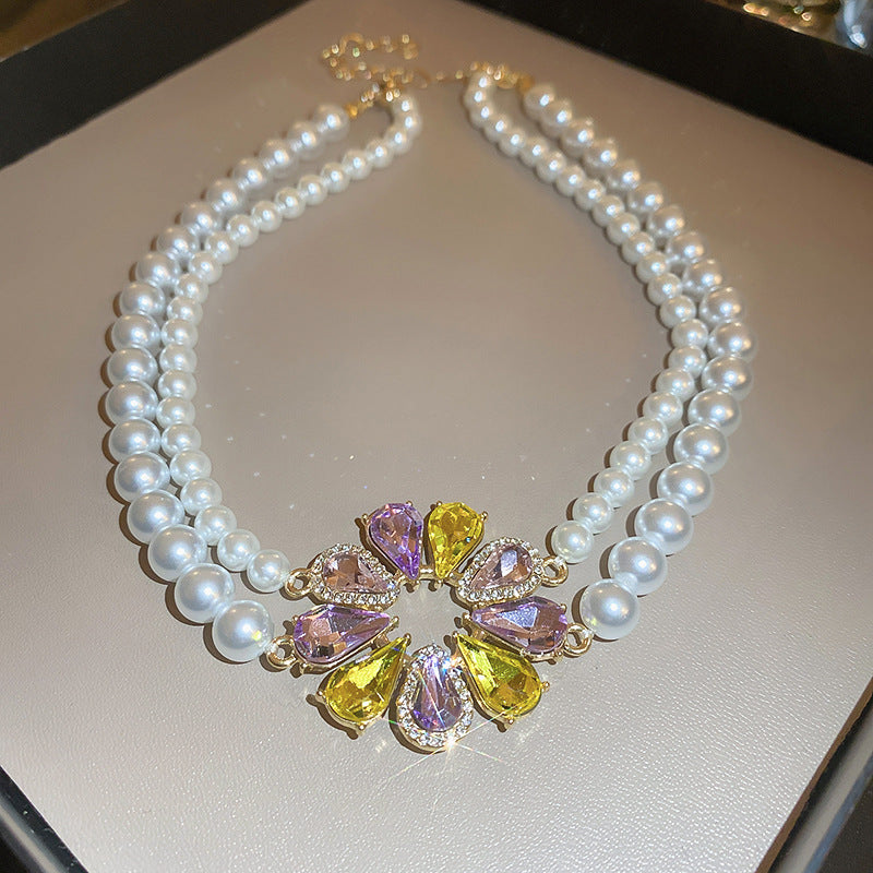 Silver Stud Rhinestone-encrusted Water Drop Flower Pearl Earrings And Necklace Set