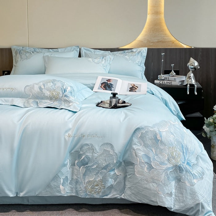 Bed Cotton Flower Embroidered Quilt Fitted Sheet Set