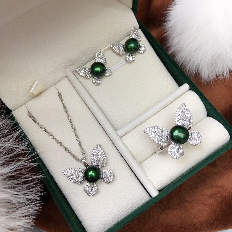 New Freshwater Pearl Necklace Earring Ring Three-piece Set