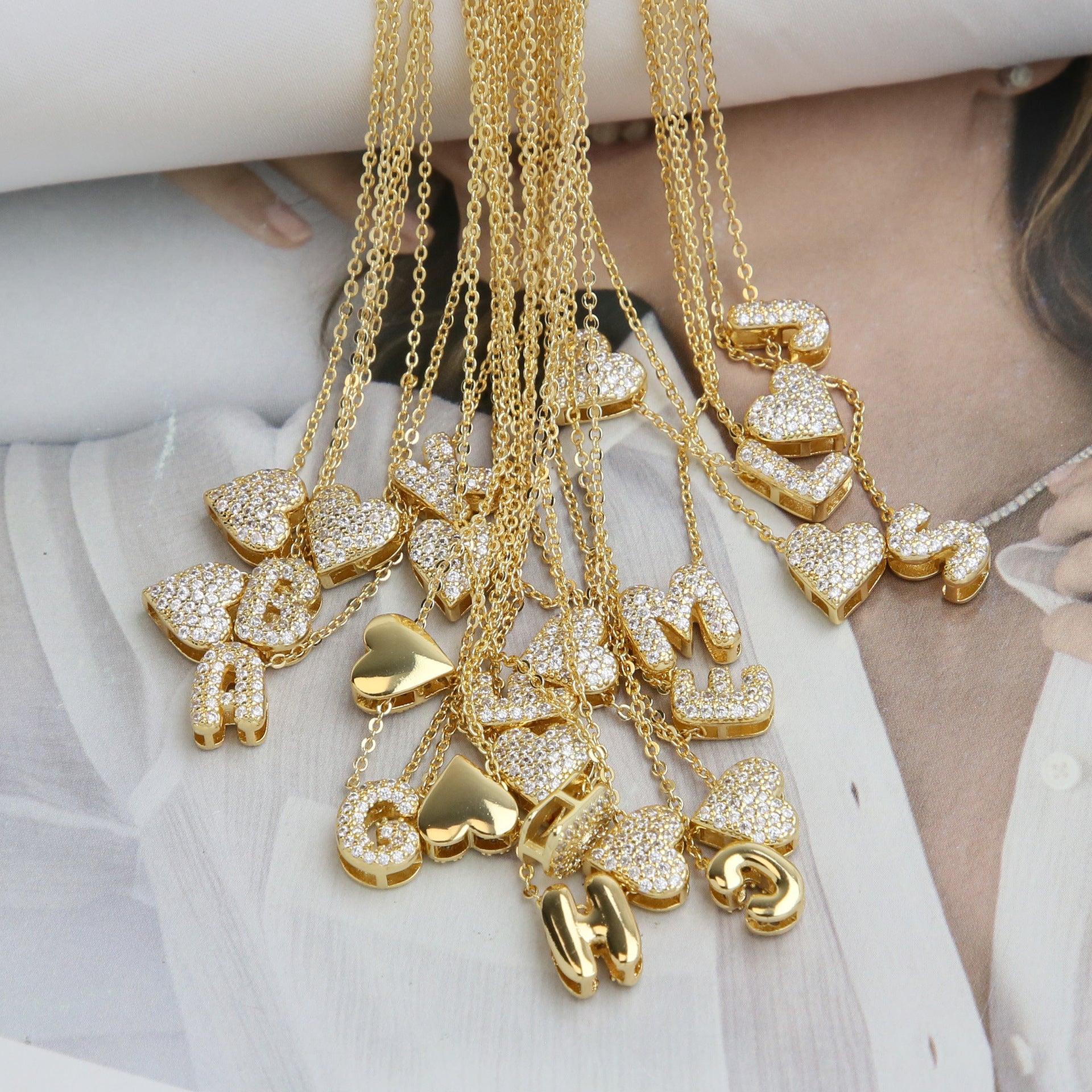 Inlaid Zirconium Balloon Bubble Heart-shaped 26 English Letters Necklace
