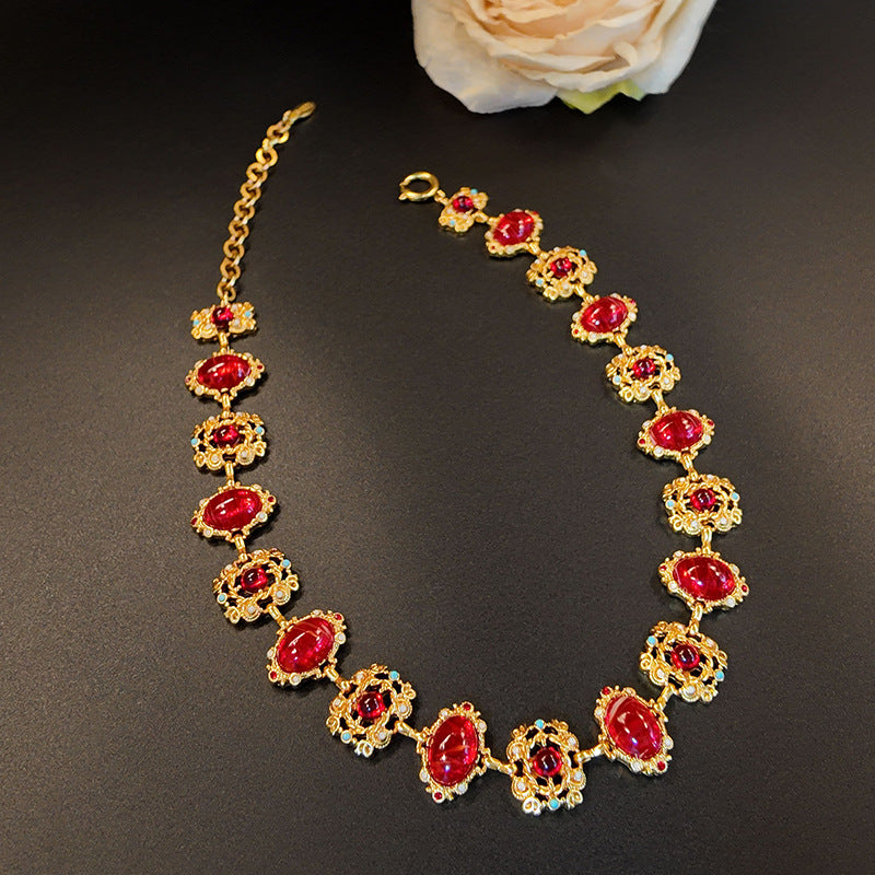 Glass Hollow Jeweled Necklace Bracelet Earring Set