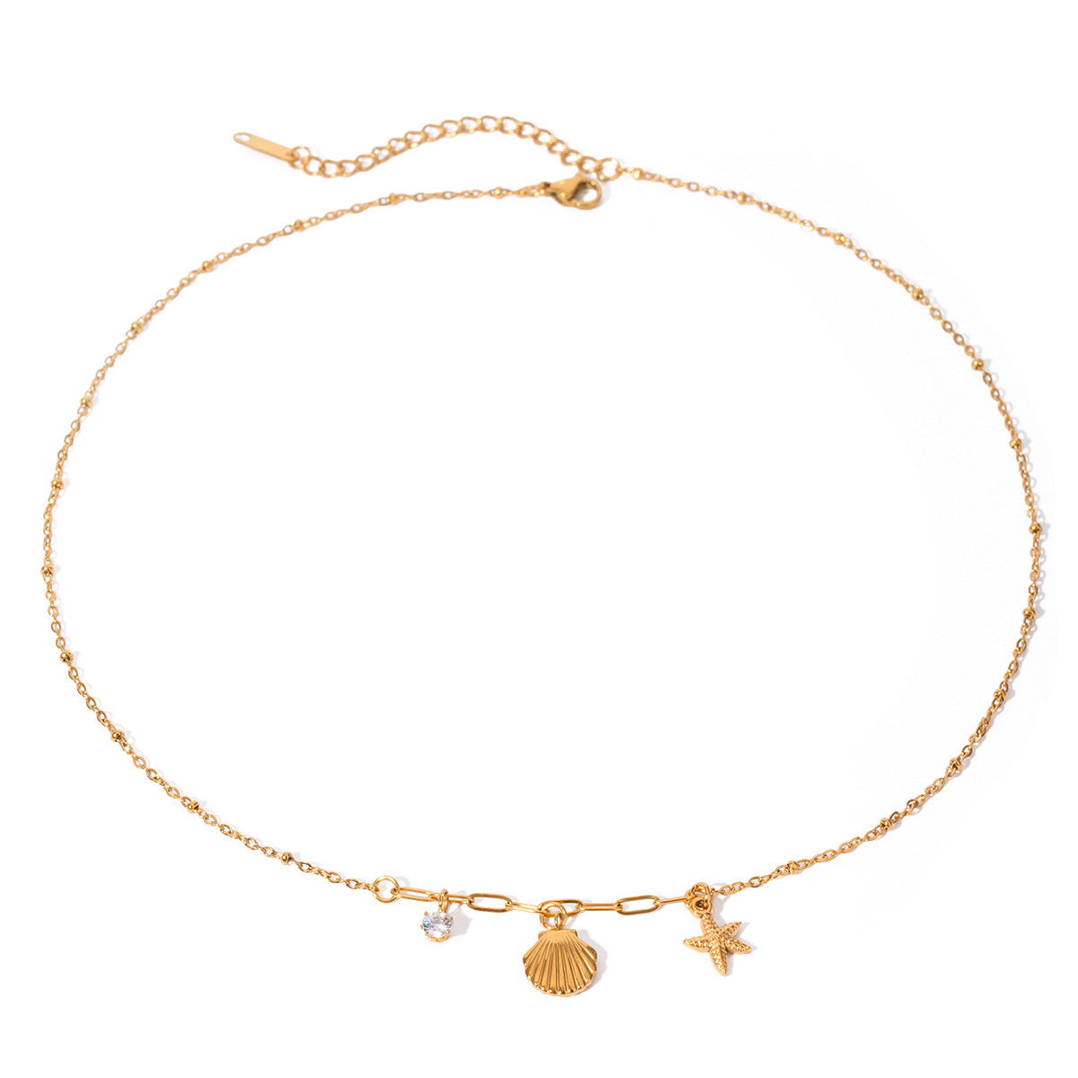 18K Gold Stainless Steel White Zircon Hammered Starfish Pendant Necklace