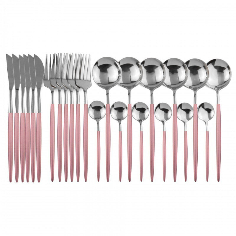 24PCs White Gold Dinnerware Set Stainless Steel Knife Fork