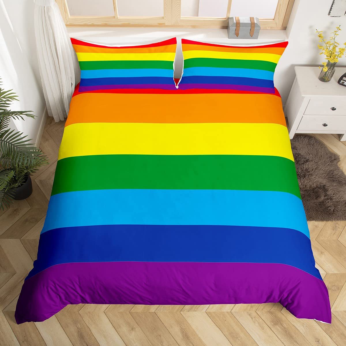 Rainbow Striped Print Down Quilt Cover Three-piece Set