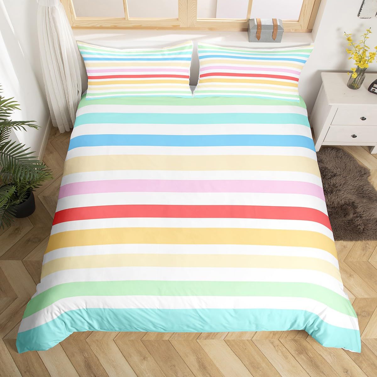 Rainbow Striped Print Down Quilt Cover Three-piece Set