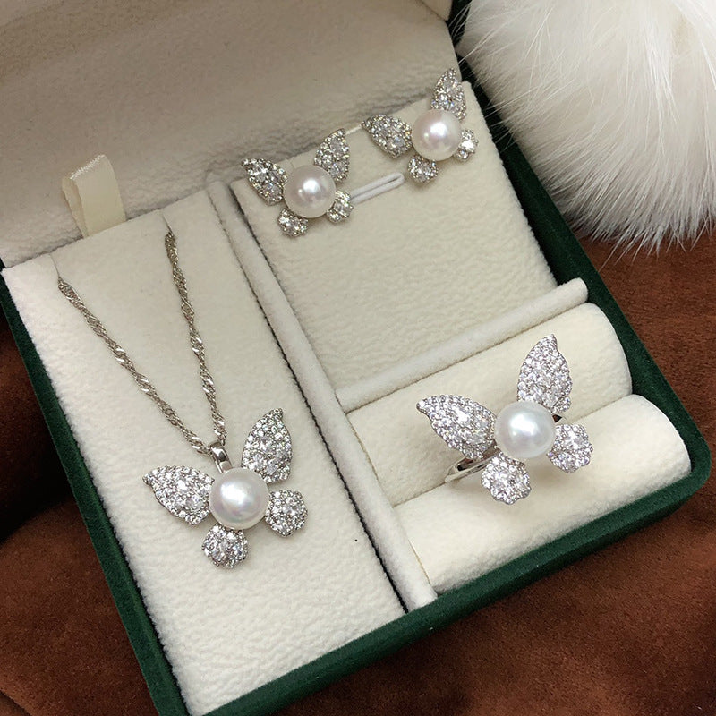 New Freshwater Pearl Necklace Earring Ring Three-piece Set