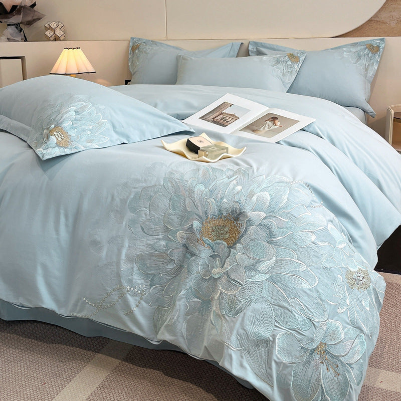 Bed Cotton Flower Embroidered Quilt Fitted Sheet Set