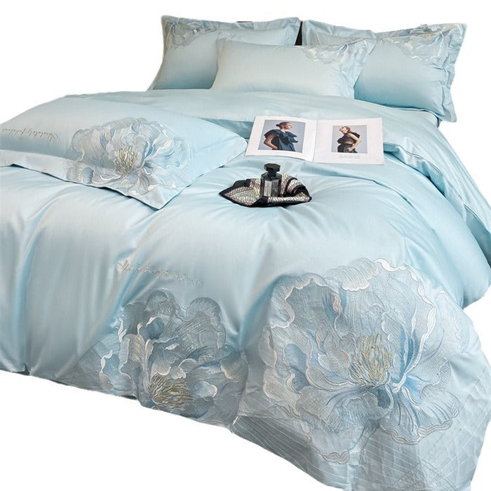 Bed Cotton Flower Embroidered Quilt Fitted Sheet Set