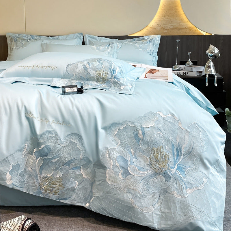 Bed Cotton Flower Embroidered Quilt Fitted Sheet Set