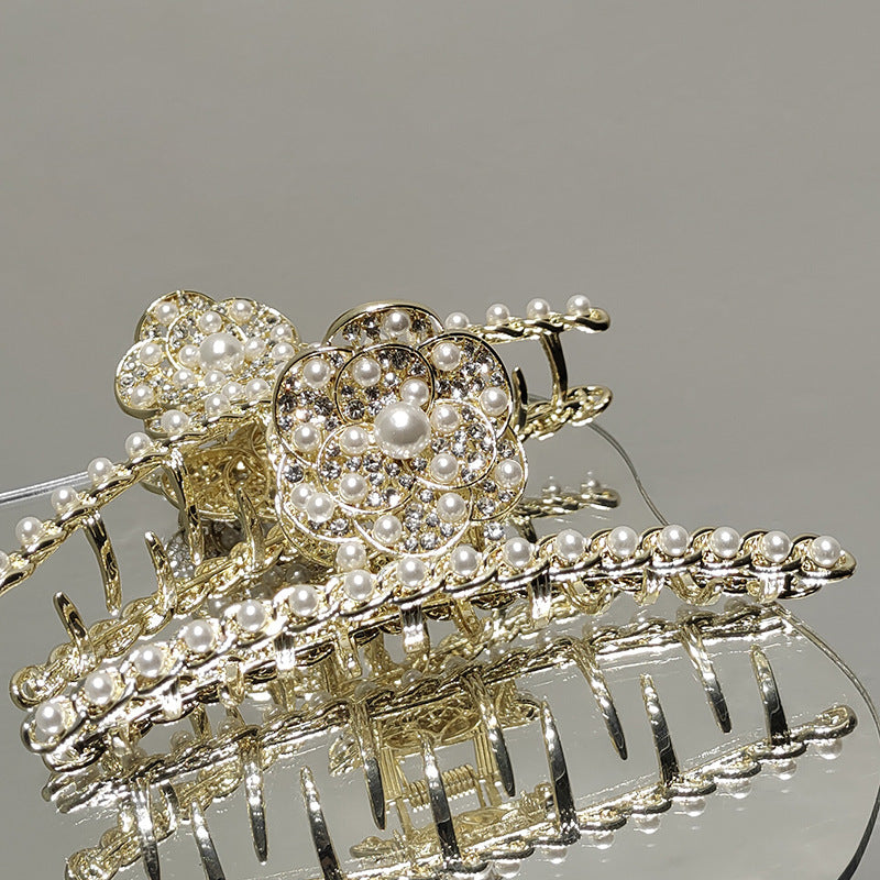 Metal Pearl And Diamond Camellia Shark Clip