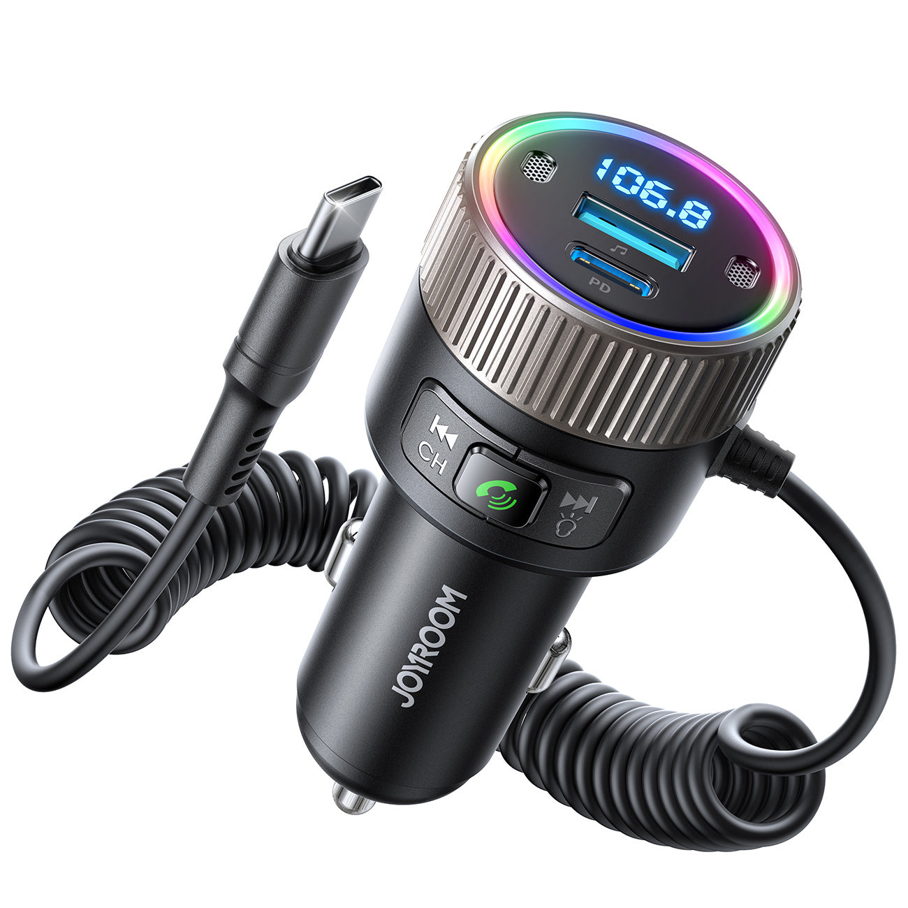 Car Bluetooth Transmitter Digital Display 60W Fast Car Phone Charger With Spring C Line