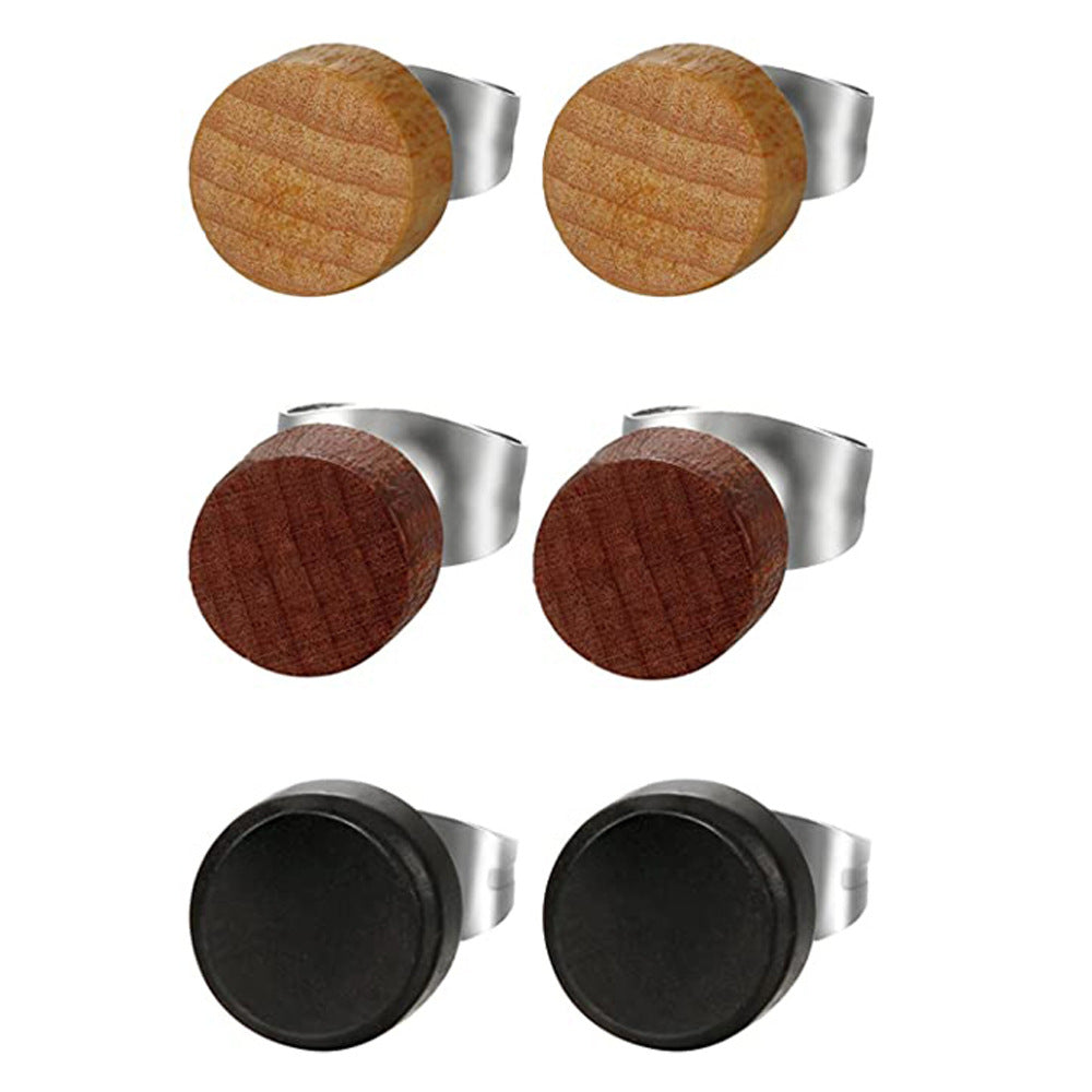 Log Hip Hop Rock Round Hipster Wood Stud Earrings